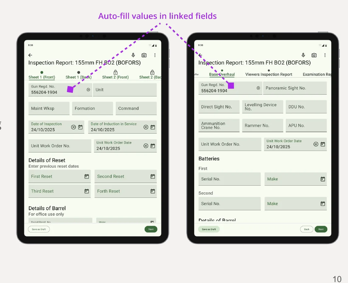 AI auto-fill in action: equipment history pre-populates recurring form fields across two tablets simultaneously